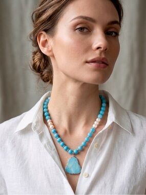 NEW Mary Kent Designs Turquoise and Pearl Beaded Necklace, 22.5”